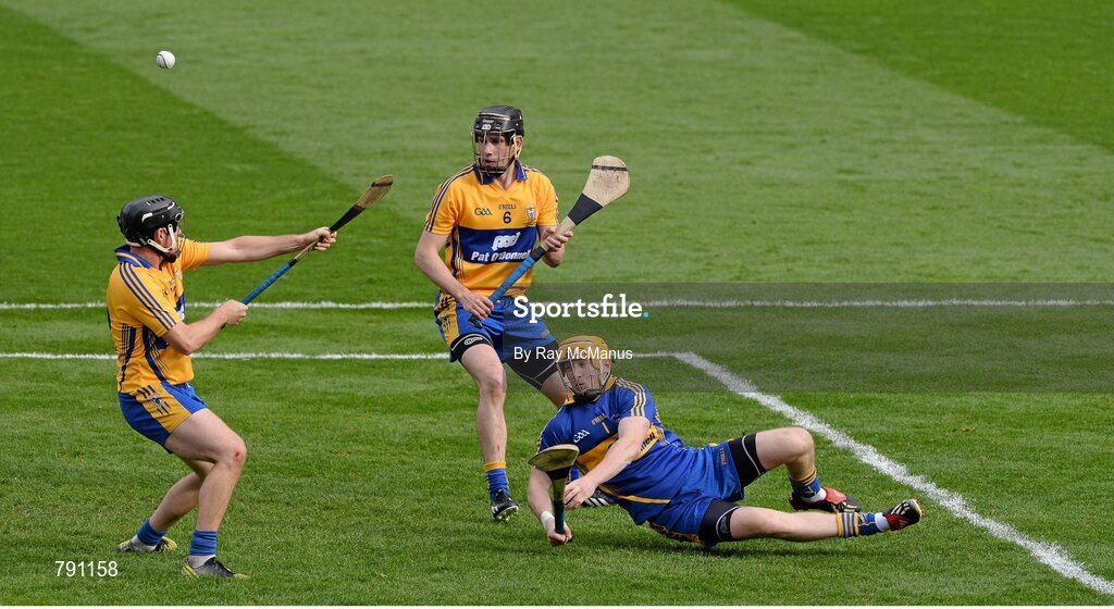 8 September 2013; Clare players Patrick Kelly, captain Patrick Donnellan and Colin Ryan combine to save a Cork penalty late in the game . GAA Hurling All-Ireland Senior Championship Final, Cork v Clare, Croke Park, Dublin. Picture credit: Ray McManus / SPORTSFILE