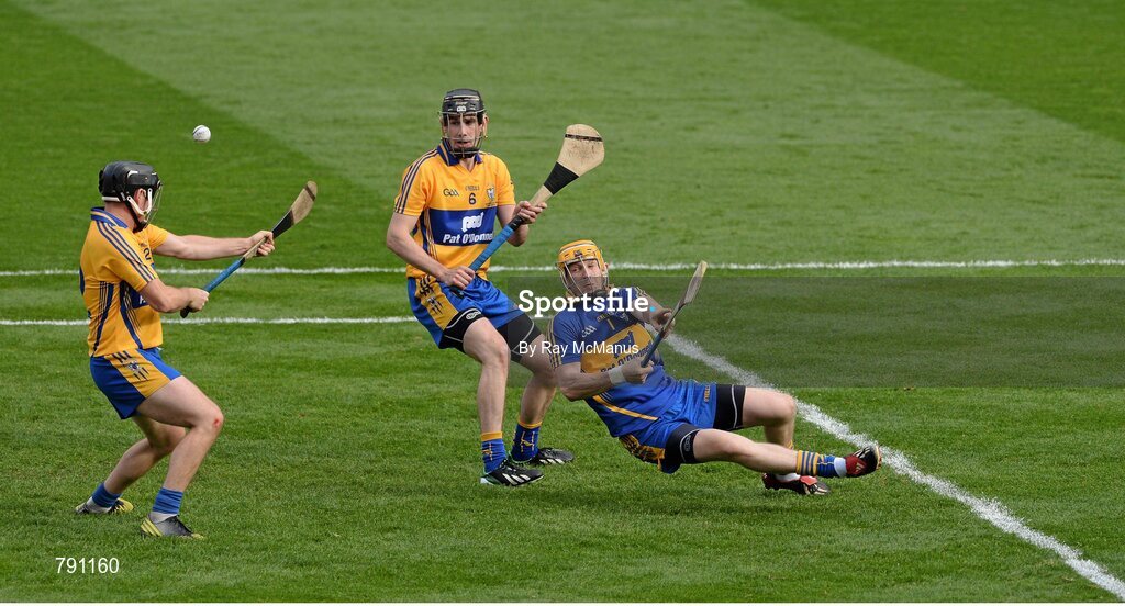 8 September 2013; Clare players Patrick Kelly, captain Patrick Donnellan and Colin Ryan combine to save a Cork penalty late in the game . GAA Hurling All-Ireland Senior Championship Final, Cork v Clare, Croke Park, Dublin. Picture credit: Ray McManus / SPORTSFILE