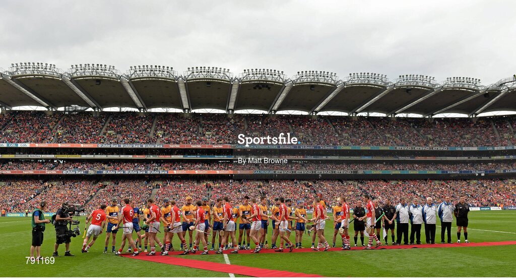 8 September 2013; Players and oficials shake hands as part of the GAA respect initiative before the start of the game. GAA Hurling All-Ireland Senior Championship Final, Cork v Clare, Croke Park, Dublin. Picture credit: Matt Browne / SPORTSFILE