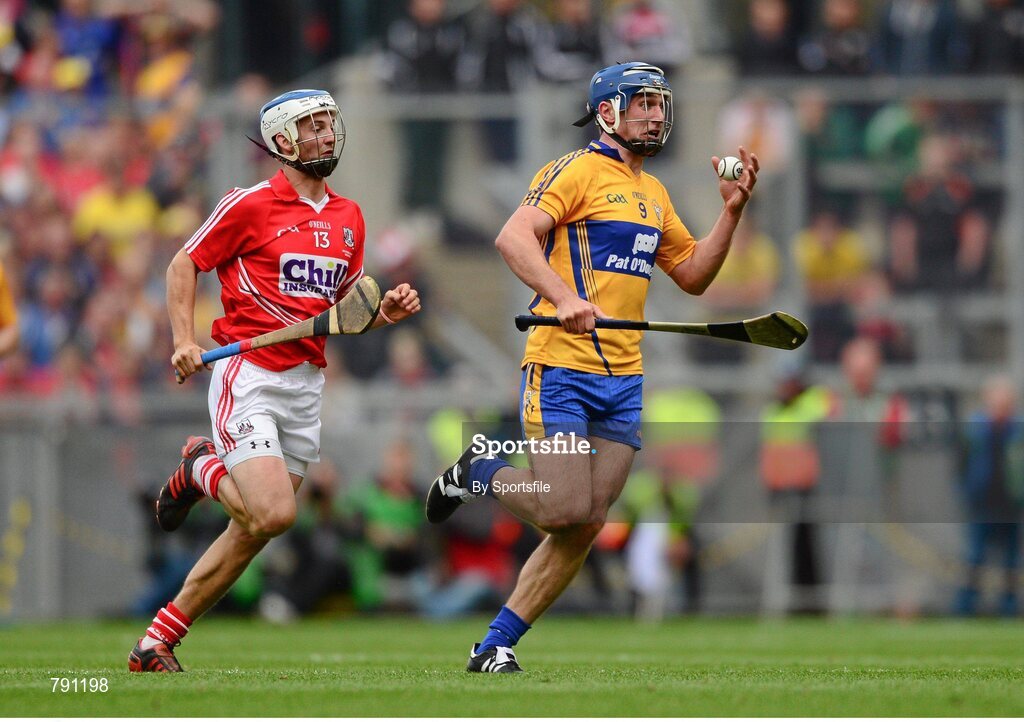 8 September 2013; Conor Ryan, Clare, in action against Luke O'Farrell, Cork. GAA Hurling All-Ireland Senior Championship Final, Cork v Clare, Croke Park, Dublin. Photo by Sportsfile