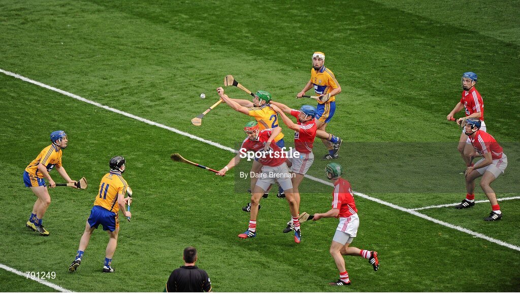 8 September 2013; Clare players, left to right, Pádraic Collins, Tony Kelly, Fergal Lynch, and Conor McGrath, in action against Cork players, left to right, Stephen McDonnell, Tom Kenny, Brian Murphy, Conor O'Sullivan, and Christopher Joyce. GAA Hurling All-Ireland Senior Championship Final, Cork v Clare, Croke Park, Dublin. Picture credit: Dáire Brennan / SPORTSFILE