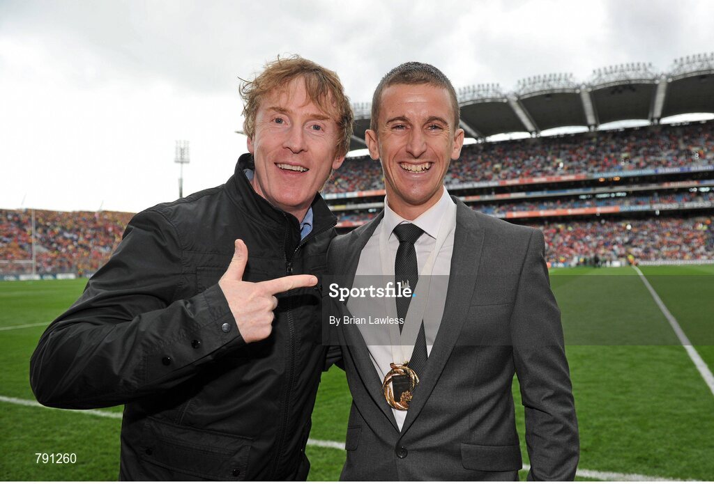 8 September 2013; Men's 50km walk world champion Robert Heffernan with Hector O hEochagain, left, before the match. GAA Hurling All-Ireland Senior Championship Final, Cork v Clare, Croke Park, Dublin. Picture credit: Brian Lawless / SPORTSFILE