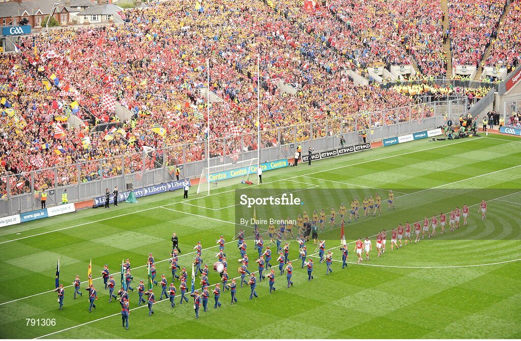 8 September 2013; The Cork and Clare teams parade behind the Artane School of Music Band during the parade. GAA Hurling All-Ireland Senior Championship Final, Cork v Clare, Croke Park, Dublin. Picture credit: Dáire Brennan / SPORTSFILE