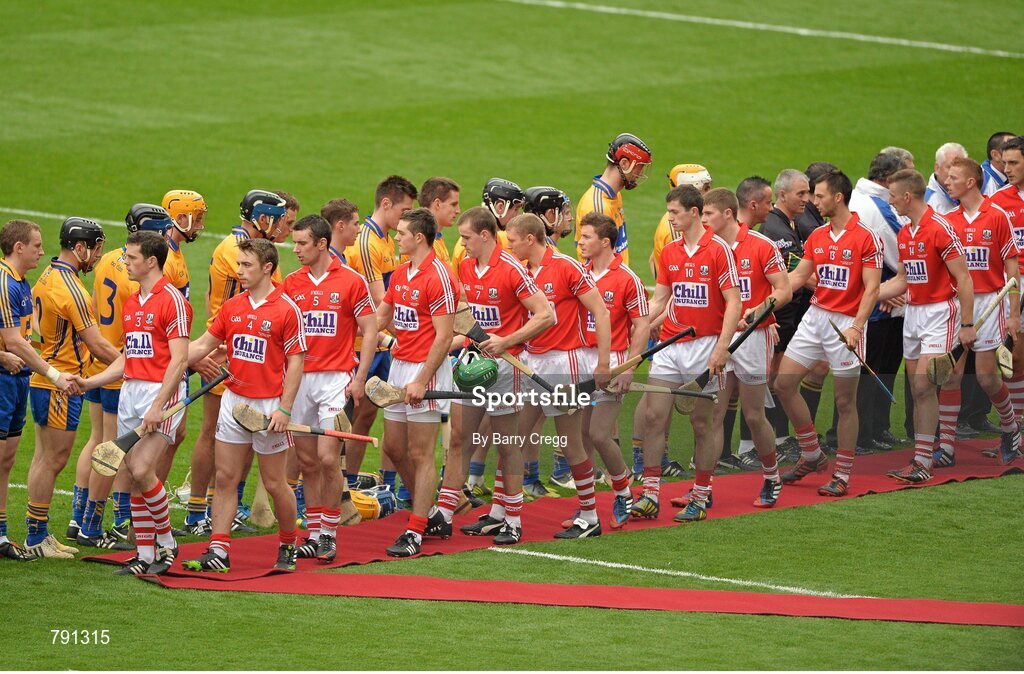 8 September 2013; Players and officials shake hands as part of the GAA respect initiative before the game. GAA Hurling All-Ireland Senior Championship Final, Cork v Clare, Croke Park, Dublin. Picture credit: Barry Cregg / SPORTSFILE