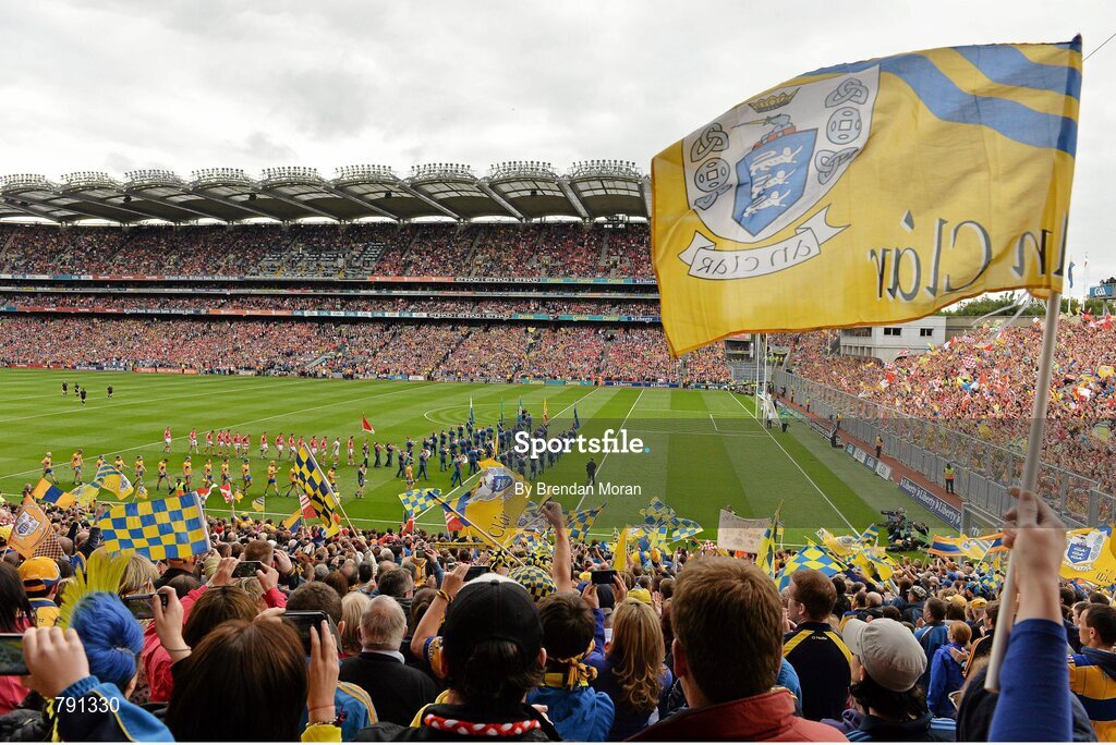 8 September 2013; Flags fly as the Clare and Cork teams march behind the Artane School of Music in the pre-match parade before the game. GAA Hurling All-Ireland Senior Championship Final, Cork v Clare, Croke Park, Dublin. Picture credit: Brendan Moran / SPORTSFILE