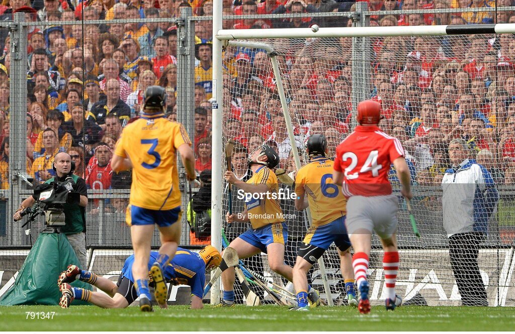 8 September 2013; The sliothar is deflected off Colin Ryan, Clare, from a penalty by Cork goalkeeper Anthony Nash. GAA Hurling All-Ireland Senior Championship Final, Cork v Clare, Croke Park, Dublin. Picture credit: Brendan Moran / SPORTSFILE