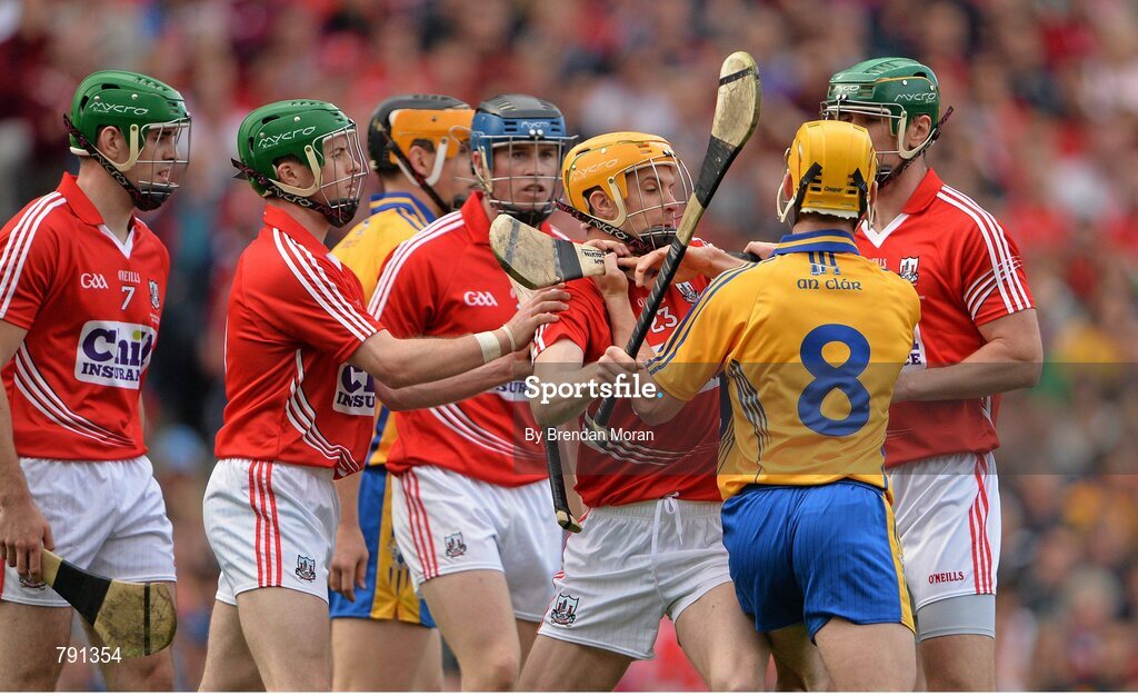 8 September 2013; Colm Galvin, Clare, gets involved in a tussle with Cathal Naughton, second from right, Cork, during the game. GAA Hurling All-Ireland Senior Championship Final, Cork v Clare, Croke Park, Dublin. Picture credit: Brendan Moran / SPORTSFILE
