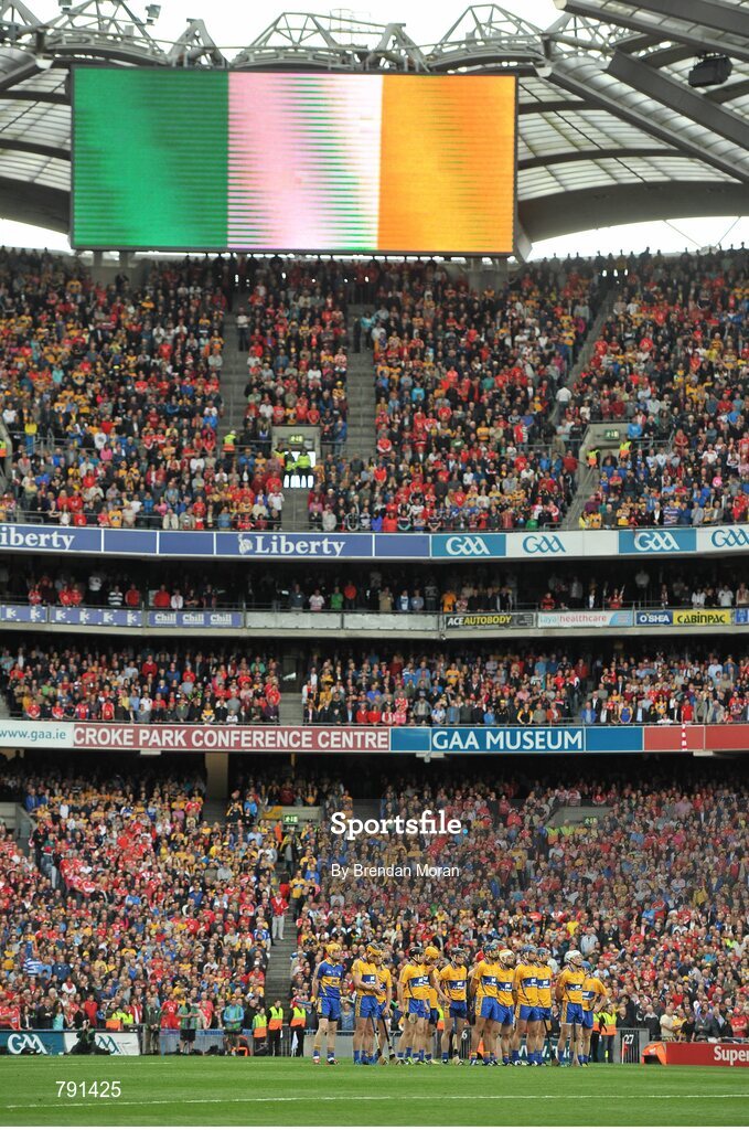 8 September 2013; The Clare team stand for the national anthem before the game. GAA Hurling All-Ireland Senior Championship Final, Cork v Clare, Croke Park, Dublin. Picture credit: Brendan Moran / SPORTSFILE