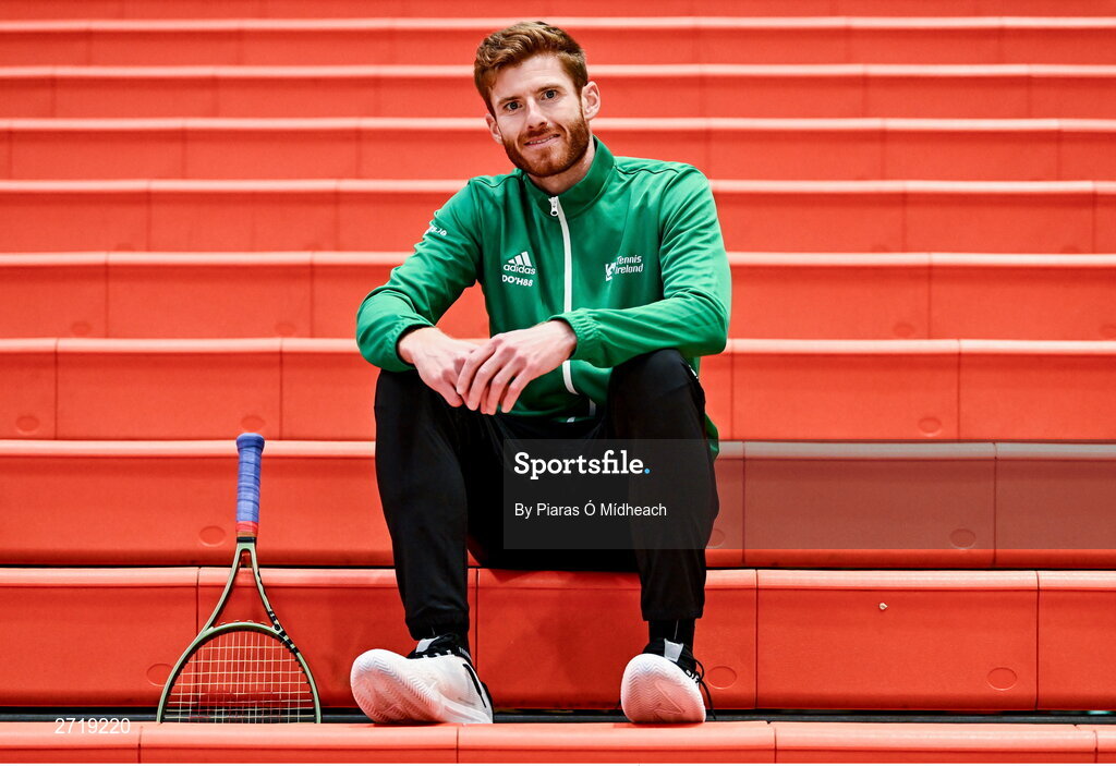 31 January 2024; David O'Hare poses for a portrait after an Ireland Tennis squad training session at the UL Sport Arena in Limerick, ahead of Ireland's Davis Cup World Group One play-off first round match with Austria. Photo by Piaras Ó Mídheach/Sportsfile