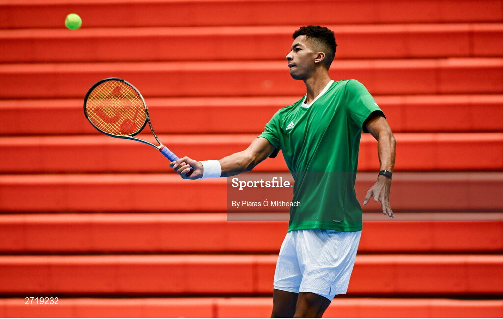 31 January 2024; Michael Agwi during an Ireland Tennis squad training session at the UL Sport Arena in Limerick, ahead of Ireland's Davis Cup World Group One play-off first round match with Austria.  Photo by Piaras Ó Mídheach/Sportsfile