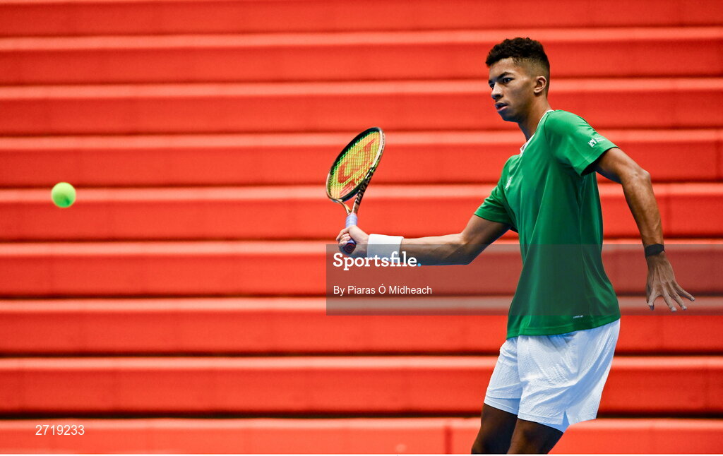 31 January 2024; Michael Agwi during an Ireland Tennis squad training session at the UL Sport Arena in Limerick, ahead of Ireland's Davis Cup World Group One play-off first round match with Austria.  Photo by Piaras Ó Mídheach/Sportsfile