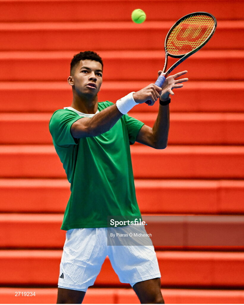 31 January 2024; Michael Agwi during an Ireland Tennis squad training session at the UL Sport Arena in Limerick, ahead of Ireland's Davis Cup World Group One play-off first round match with Austria.  Photo by Piaras Ó Mídheach/Sportsfile