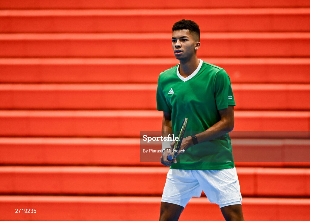 31 January 2024; Michael Agwi during an Ireland Tennis squad training session at the UL Sport Arena in Limerick, ahead of Ireland's Davis Cup World Group One play-off first round match with Austria.  Photo by Piaras Ó Mídheach/Sportsfile