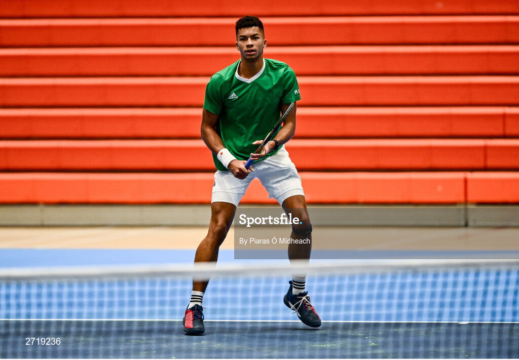 31 January 2024; Michael Agwi during an Ireland Tennis squad training session at the UL Sport Arena in Limerick, ahead of Ireland's Davis Cup World Group One play-off first round match with Austria.  Photo by Piaras Ó Mídheach/Sportsfile