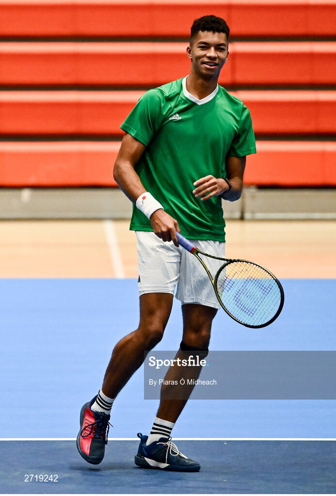 31 January 2024; Michael Agwi during an Ireland Tennis squad training session at the UL Sport Arena in Limerick, ahead of Ireland's Davis Cup World Group One play-off first round match with Austria.  Photo by Piaras Ó Mídheach/Sportsfile