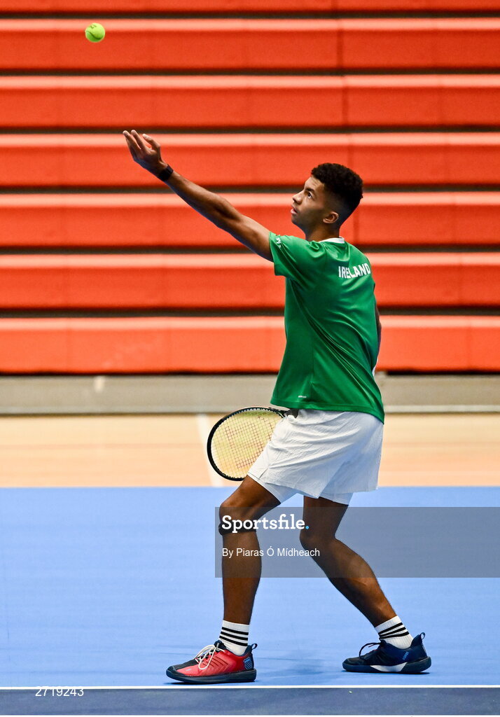 31 January 2024; Michael Agwi during an Ireland Tennis squad training session at the UL Sport Arena in Limerick, ahead of Ireland's Davis Cup World Group One play-off first round match with Austria.  Photo by Piaras Ó Mídheach/Sportsfile