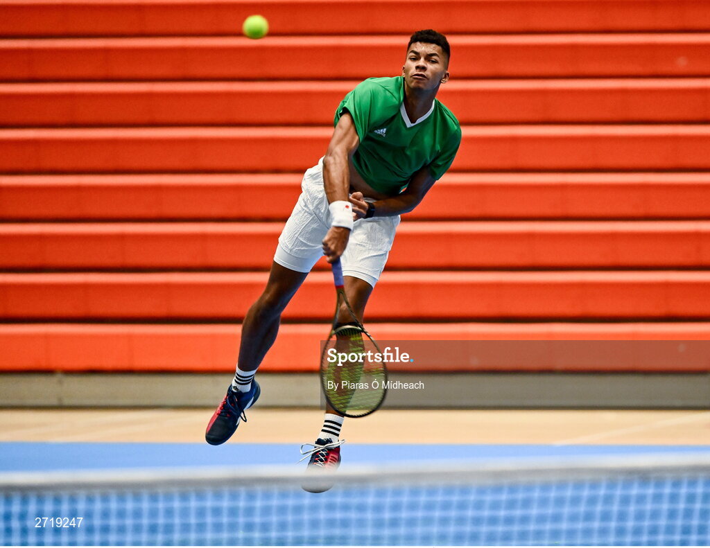 31 January 2024; Michael Agwi during an Ireland Tennis squad training session at the UL Sport Arena in Limerick, ahead of Ireland's Davis Cup World Group One play-off first round match with Austria.  Photo by Piaras Ó Mídheach/Sportsfile