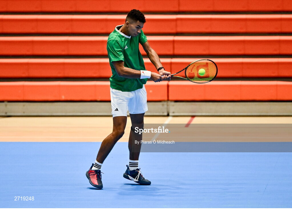 31 January 2024; Michael Agwi during an Ireland Tennis squad training session at the UL Sport Arena in Limerick, ahead of Ireland's Davis Cup World Group One play-off first round match with Austria. Photo by Piaras Ó Mídheach/Sportsfile