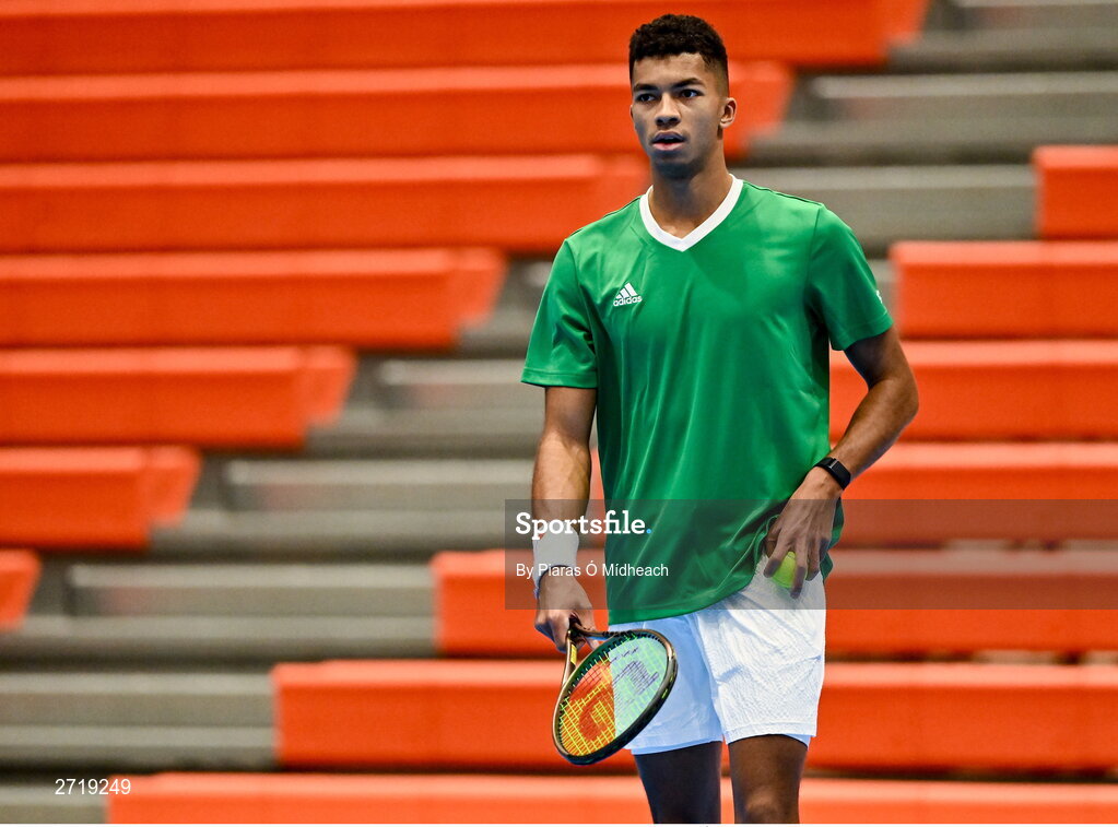 31 January 2024; Michael Agwi during an Ireland Tennis squad training session at the UL Sport Arena in Limerick, ahead of Ireland's Davis Cup World Group One play-off first round match with Austria.  Photo by Piaras Ó Mídheach/Sportsfile