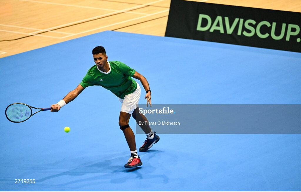 31 January 2024; Michael Agwi during an Ireland Tennis squad training session at the UL Sport Arena in Limerick, ahead of Ireland's Davis Cup World Group One play-off first round match with Austria.  Photo by Piaras Ó Mídheach/Sportsfile
