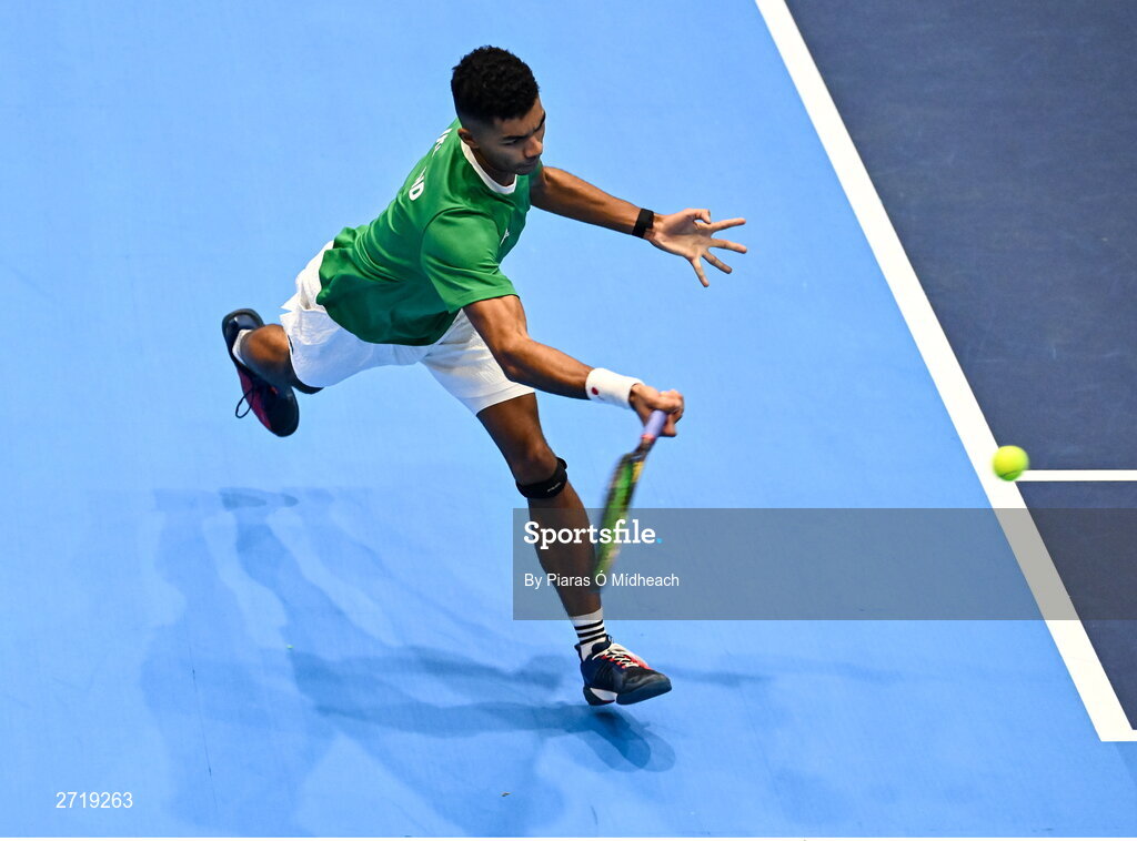 31 January 2024; Michael Agwi during an Ireland Tennis squad training session at the UL Sport Arena in Limerick, ahead of Ireland's Davis Cup World Group One play-off first round match with Austria.  Photo by Piaras Ó Mídheach/Sportsfile