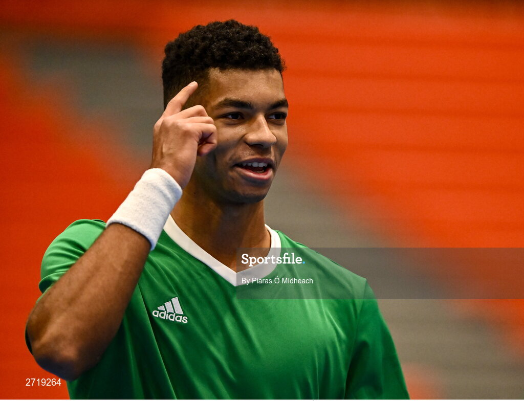 31 January 2024; Michael Agwi during an Ireland Tennis squad training session at the UL Sport Arena in Limerick, ahead of Ireland's Davis Cup World Group One play-off first round match with Austria.  Photo by Piaras Ó Mídheach/Sportsfile