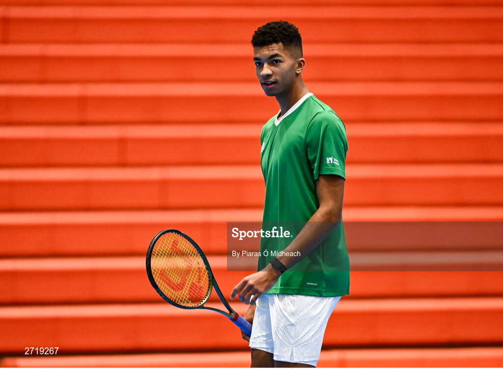 31 January 2024; Michael Agwi during an Ireland Tennis squad training session at the UL Sport Arena in Limerick, ahead of Ireland's Davis Cup World Group One play-off first round match with Austria.  Photo by Piaras Ó Mídheach/Sportsfile