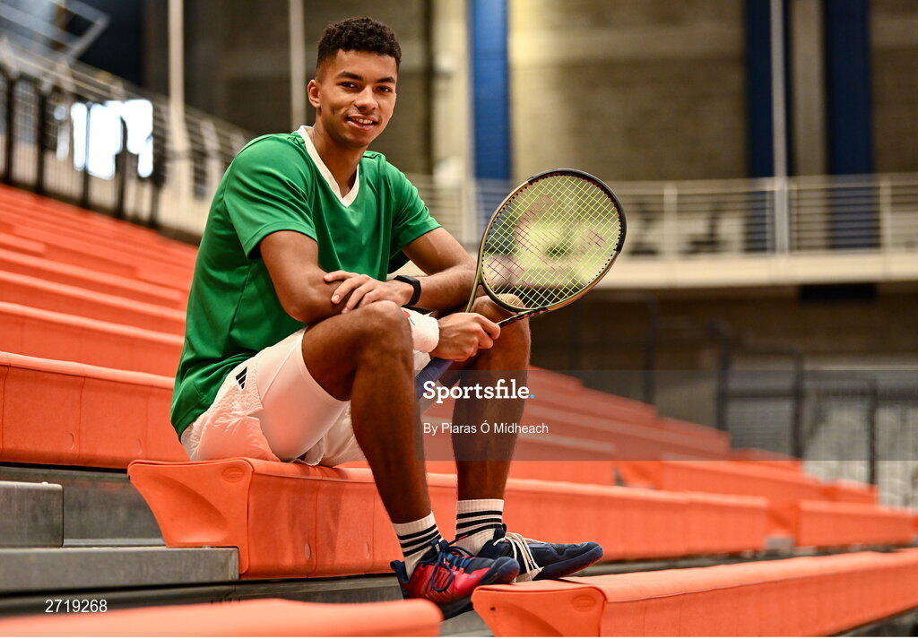 31 January 2024; Michael Agwi poses for a portrait after an Ireland Tennis squad training session at the UL Sport Arena in Limerick, ahead of Ireland's Davis Cup World Group One play-off first round match with Austria.  Photo by Piaras Ó Mídheach/Sportsfile