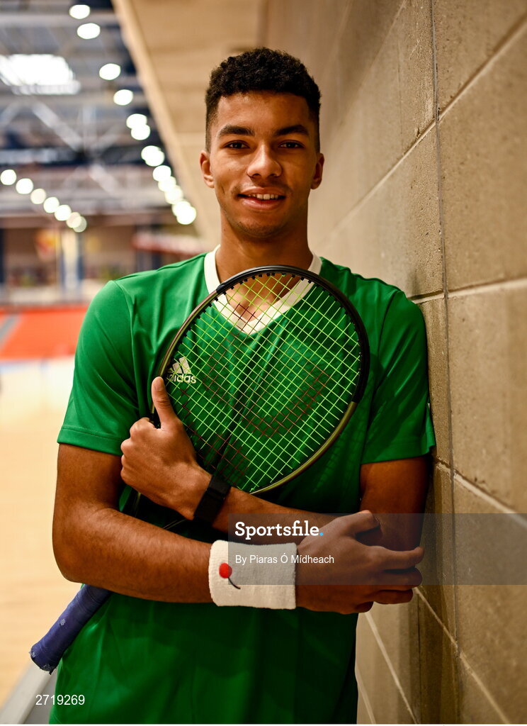 31 January 2024; Michael Agwi poses for a portrait after an Ireland Tennis squad training session at the UL Sport Arena in Limerick, ahead of Ireland's Davis Cup World Group One play-off first round match with Austria.  Photo by Piaras Ó Mídheach/Sportsfile