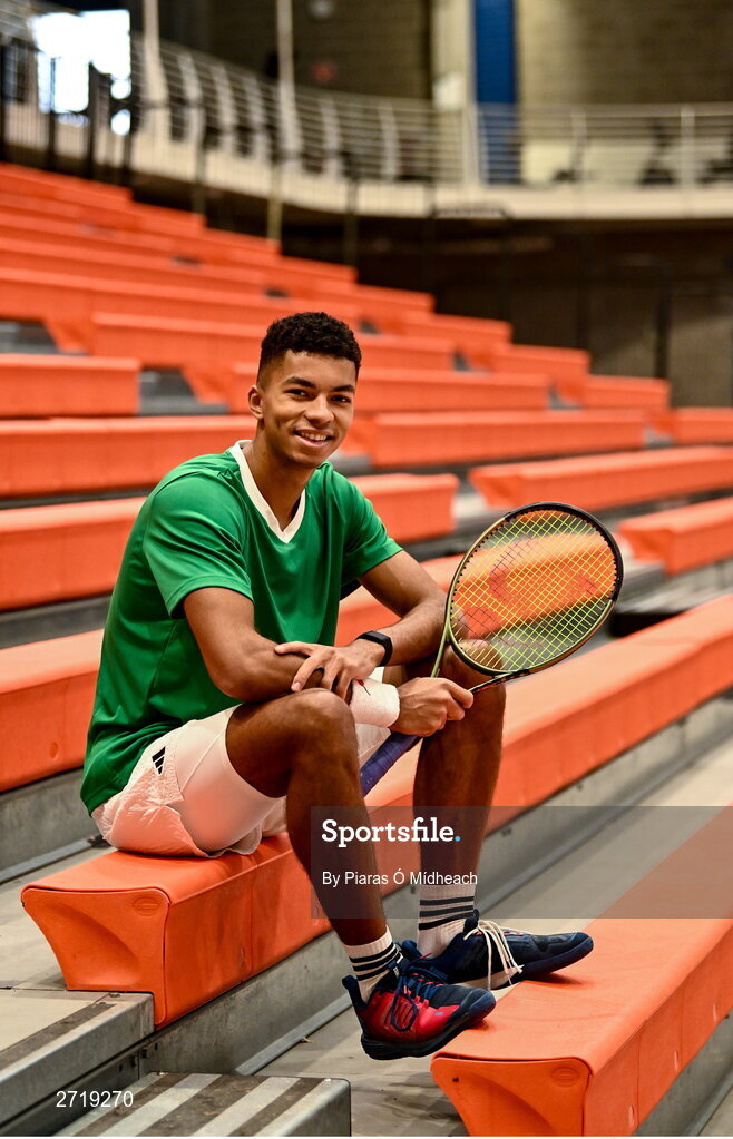 31 January 2024; Michael Agwi poses for a portrait after an Ireland Tennis squad training session at the UL Sport Arena in Limerick, ahead of Ireland's Davis Cup World Group One play-off first round match with Austria.  Photo by Piaras Ó Mídheach/Sportsfile