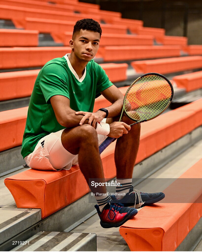 31 January 2024; Michael Agwi poses for a portrait after an Ireland Tennis squad training session at the UL Sport Arena in Limerick, ahead of Ireland's Davis Cup World Group One play-off first round match with Austria.  Photo by Piaras Ó Mídheach/Sportsfile