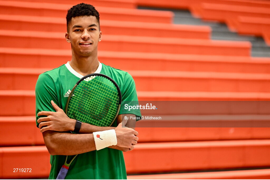 31 January 2024; Michael Agwi poses for a portrait after an Ireland Tennis squad training session at the UL Sport Arena in Limerick, ahead of Ireland's Davis Cup World Group One play-off first round match with Austria.  Photo by Piaras Ó Mídheach/Sportsfile