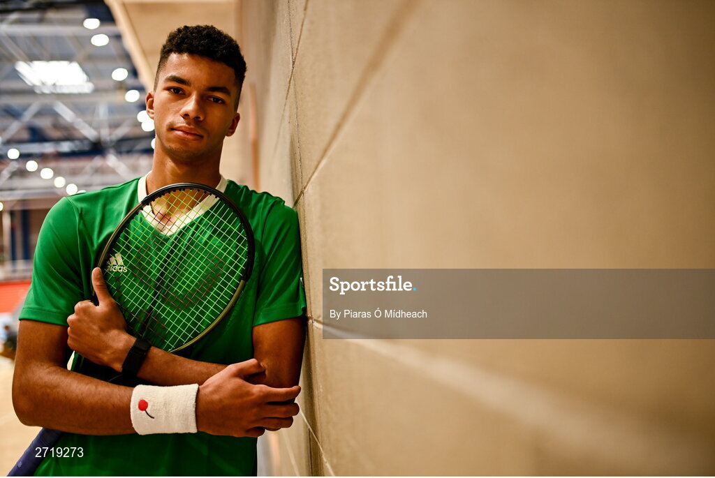 31 January 2024; Michael Agwi poses for a portrait after an Ireland Tennis squad training session at the UL Sport Arena in Limerick, ahead of Ireland's Davis Cup World Group One play-off first round match with Austria.  Photo by Piaras Ó Mídheach/Sportsfile