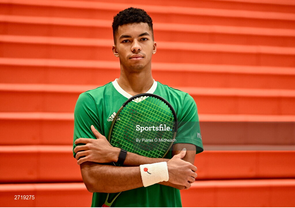 31 January 2024; Michael Agwi poses for a portrait after an Ireland Tennis squad training session at the UL Sport Arena in Limerick, ahead of Ireland's Davis Cup World Group One play-off first round match with Austria.  Photo by Piaras Ó Mídheach/Sportsfile