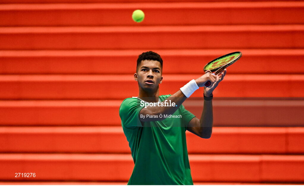 31 January 2024; Michael Agwi during an Ireland Tennis squad training session at the UL Sport Arena in Limerick, ahead of Ireland's Davis Cup World Group One play-off first round match with Austria.  Photo by Piaras Ó Mídheach/Sportsfile