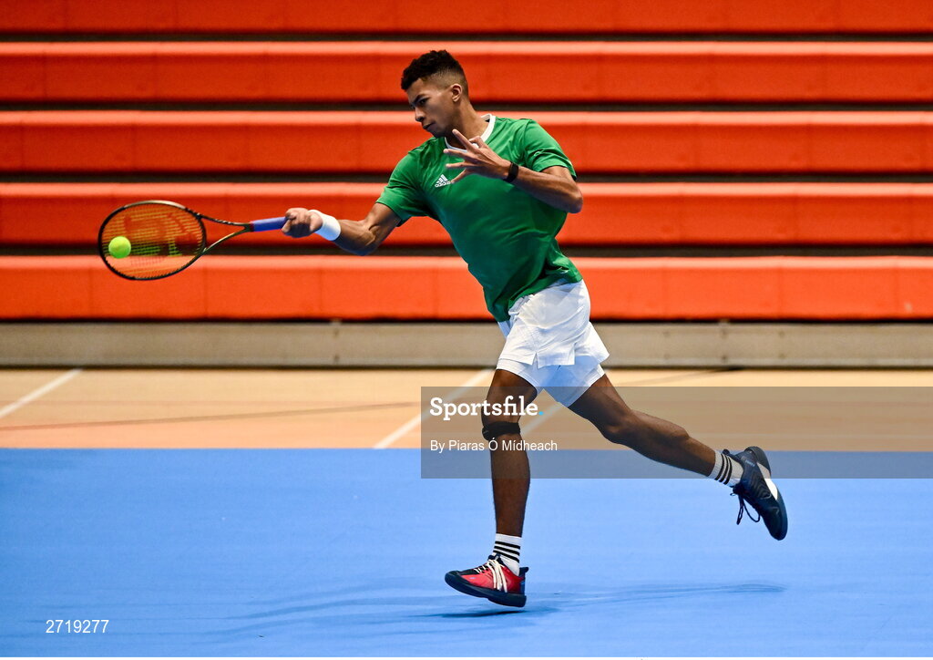 31 January 2024; Michael Agwi during an Ireland Tennis squad training session at the UL Sport Arena in Limerick, ahead of Ireland's Davis Cup World Group One play-off first round match with Austria.  Photo by Piaras Ó Mídheach/Sportsfile