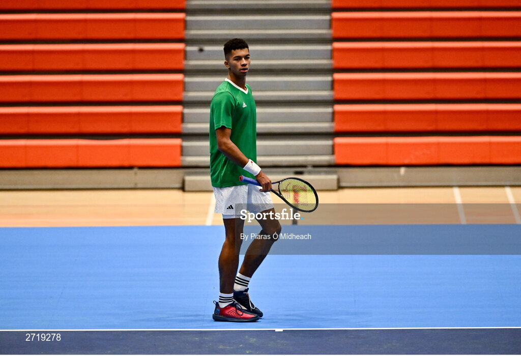 31 January 2024; Michael Agwi during an Ireland Tennis squad training session at the UL Sport Arena in Limerick, ahead of Ireland's Davis Cup World Group One play-off first round match with Austria.  Photo by Piaras Ó Mídheach/Sportsfile