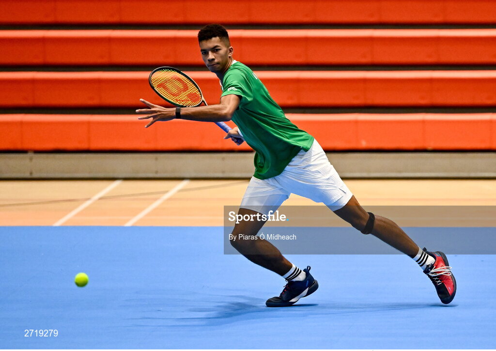 31 January 2024; Michael Agwi during an Ireland Tennis squad training session at the UL Sport Arena in Limerick, ahead of Ireland's Davis Cup World Group One play-off first round match with Austria.  Photo by Piaras Ó Mídheach/Sportsfile