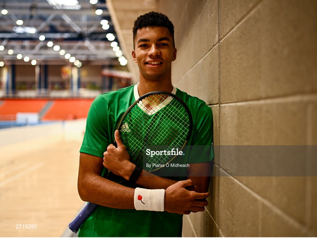 31 January 2024; Michael Agwi poses for a portrait after an Ireland Tennis squad training session at the UL Sport Arena in Limerick, ahead of Ireland's Davis Cup World Group One play-off first round match with Austria.  Photo by Piaras Ó Mídheach/Sportsfile