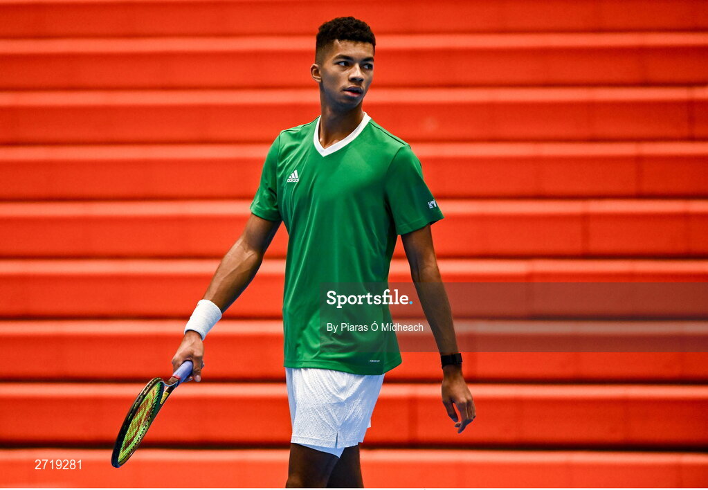 31 January 2024; Michael Agwi during an Ireland Tennis squad training session at the UL Sport Arena in Limerick, ahead of Ireland's Davis Cup World Group One play-off first round match with Austria.  Photo by Piaras Ó Mídheach/Sportsfile