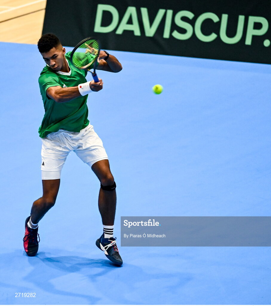 31 January 2024; Michael Agwi during an Ireland Tennis squad training session at the UL Sport Arena in Limerick, ahead of Ireland's Davis Cup World Group One play-off first round match with Austria.  Photo by Piaras Ó Mídheach/Sportsfile