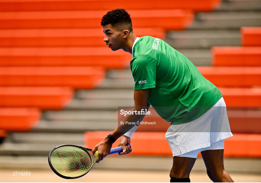 31 January 2024; Michael Agwi during an Ireland Tennis squad training session at the UL Sport Arena in Limerick, ahead of Ireland's Davis Cup World Group One play-off first round match with Austria.  Photo by Piaras Ó Mídheach/Sportsfile