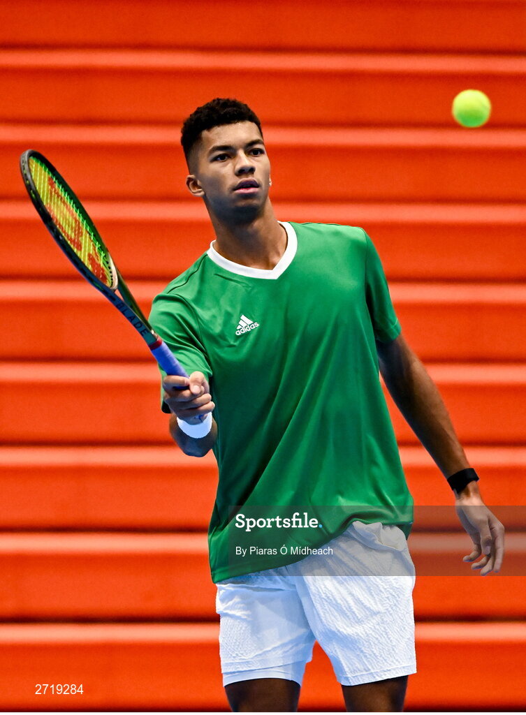 31 January 2024; Michael Agwi during an Ireland Tennis squad training session at the UL Sport Arena in Limerick, ahead of Ireland's Davis Cup World Group One play-off first round match with Austria.  Photo by Piaras Ó Mídheach/Sportsfile