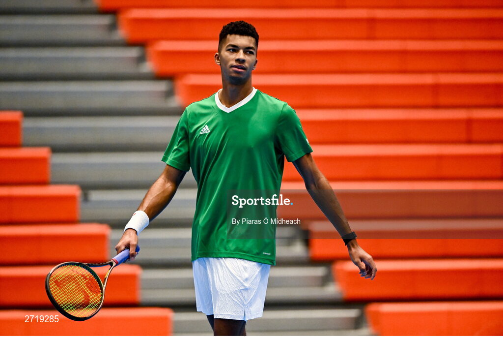 31 January 2024; Michael Agwi during an Ireland Tennis squad training session at the UL Sport Arena in Limerick, ahead of Ireland's Davis Cup World Group One play-off first round match with Austria.  Photo by Piaras Ó Mídheach/Sportsfile