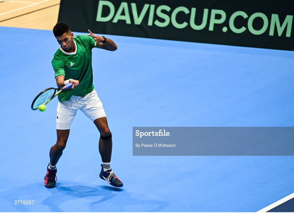 31 January 2024; Michael Agwi during an Ireland Tennis squad training session at the UL Sport Arena in Limerick, ahead of Ireland's Davis Cup World Group One play-off first round match with Austria.  Photo by Piaras Ó Mídheach/Sportsfile