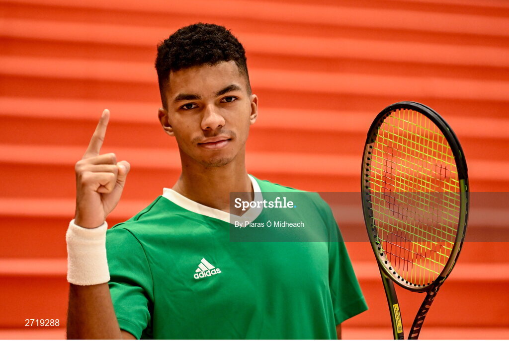 31 January 2024; Michael Agwi poses for a portrait after an Ireland Tennis squad training session at the UL Sport Arena in Limerick, ahead of Ireland's Davis Cup World Group One play-off first round match with Austria.  Photo by Piaras Ó Mídheach/Sportsfile