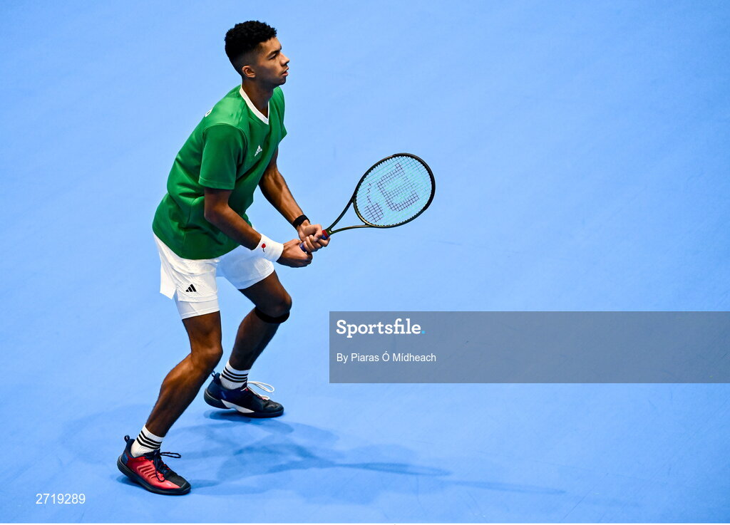 31 January 2024; Michael Agwi during an Ireland Tennis squad training session at the UL Sport Arena in Limerick, ahead of Ireland's Davis Cup World Group One play-off first round match with Austria.  Photo by Piaras Ó Mídheach/Sportsfile