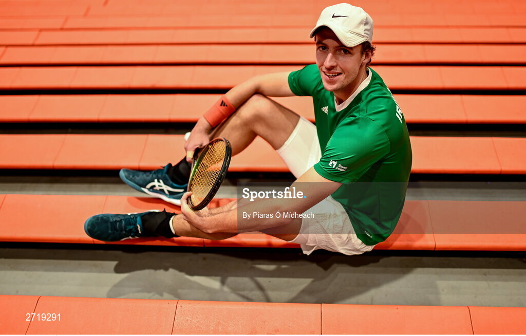 31 January 2024; Osgar Ó hOisín poses for a potrait after an Ireland Tennis squad training session at the UL Sport Arena in Limerick, ahead of Ireland's Davis Cup World Group One play-off first round match with Austria.  Photo by Piaras Ó Mídheach/Sportsfile