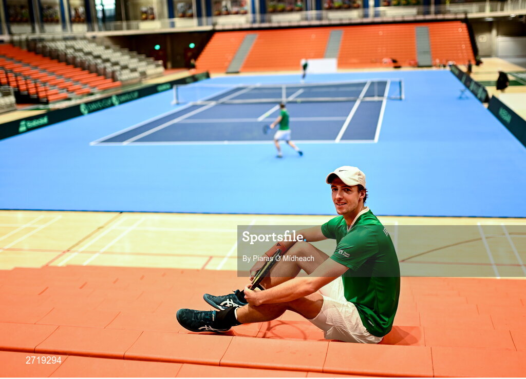 31 January 2024; Osgar Ó hOisín poses for a potrait after an Ireland Tennis squad training session at the UL Sport Arena in Limerick, ahead of Ireland's Davis Cup World Group One play-off first round match with Austria.  Photo by Piaras Ó Mídheach/Sportsfile
