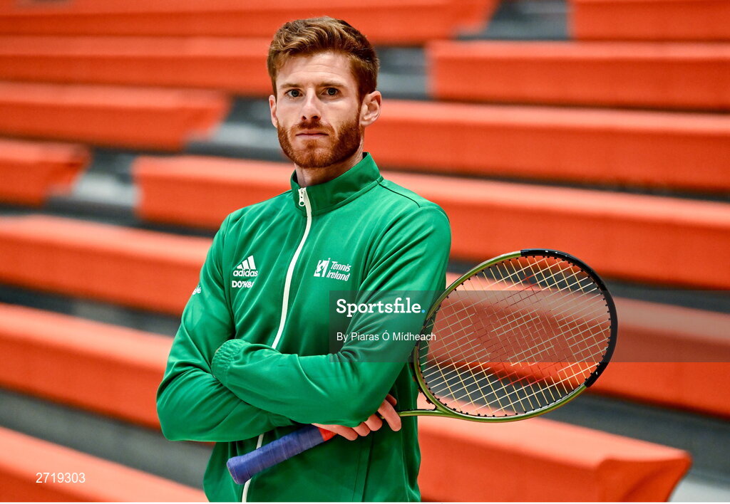 31 January 2024; David O'Hare poses for a portrait after an Ireland Tennis squad training session at the UL Sport Arena in Limerick, ahead of Ireland's Davis Cup World Group One play-off first round match with Austria. Photo by Piaras Ó Mídheach/Sportsfile
